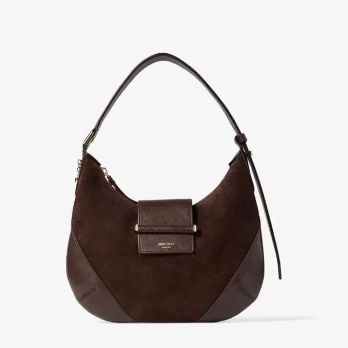 Bar Hobo Small Chocoladebruine suède schoudertas met leren Biker-afwerking Bar Hobo Small Chocoladebruine suède schoudertas met leren Biker-afwerking