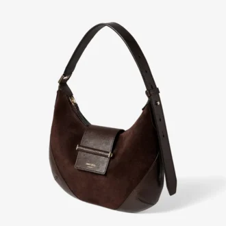 Bar Hobo Small Chocoladebruine suède schoudertas met leren Biker-afwerking