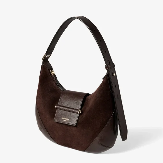 Bar Hobo Small Chocoladebruine suède schoudertas met leren Biker-afwerking Bar Hobo Small Chocoladebruine suède schoudertas met leren Biker-afwerking
