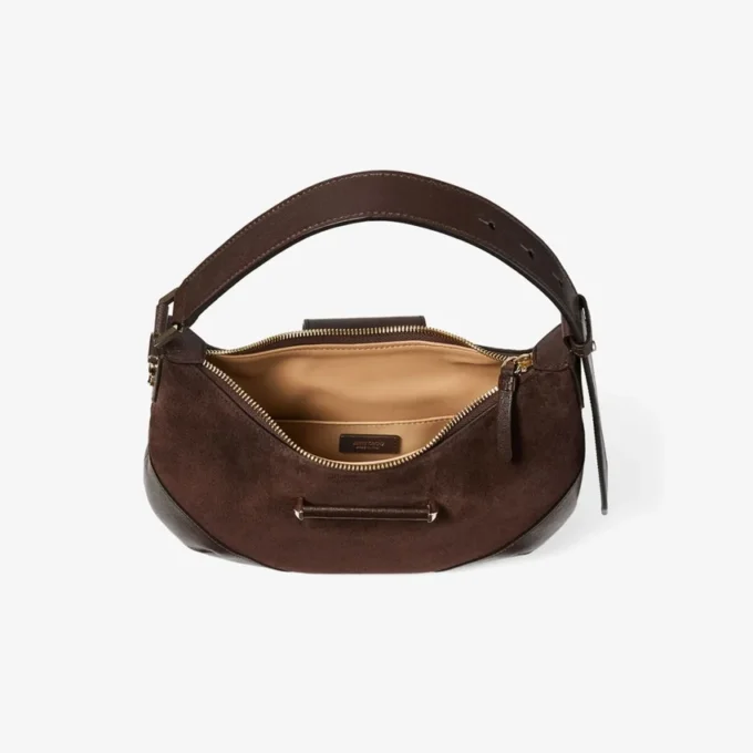 Bar Hobo Small Chocoladebruine suède schoudertas met leren Biker-afwerking Bar Hobo Small Chocoladebruine suède schoudertas met leren Biker-afwerking