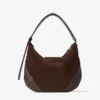 Bar Hobo Small Chocoladebruine suède schoudertas met leren Biker-afwerking Bar Hobo Small Chocoladebruine suède schoudertas met leren Biker-afwerking