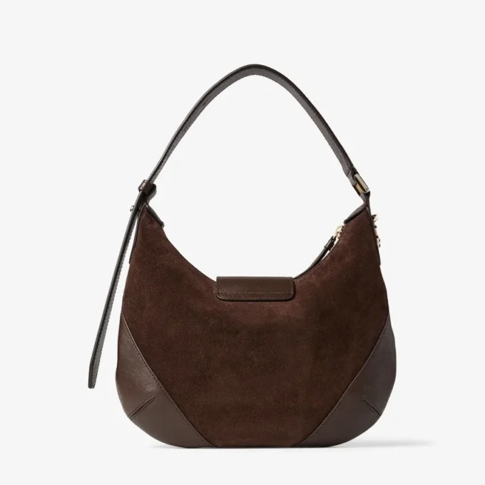 Bar Hobo Small Chocoladebruine suède schoudertas met leren Biker-afwerking Bar Hobo Small Chocoladebruine suède schoudertas met leren Biker-afwerking