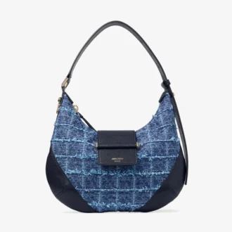 Bar Hobo Small Marine Crosshatch Denim Stoffen Schoudertas met Biker Lederen Afwerking