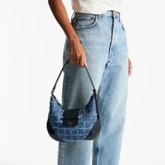 Bar Hobo Small Marine Crosshatch Denim Stoffen Schoudertas met Biker Lederen Afwerking