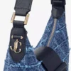 Bar Hobo Small Marine Crosshatch Denim Stoffen Schoudertas met Biker Lederen Afwerking Bar Hobo Small Marine Crosshatch Denim Stoffen Schoudertas met Biker Lederen Afwerking