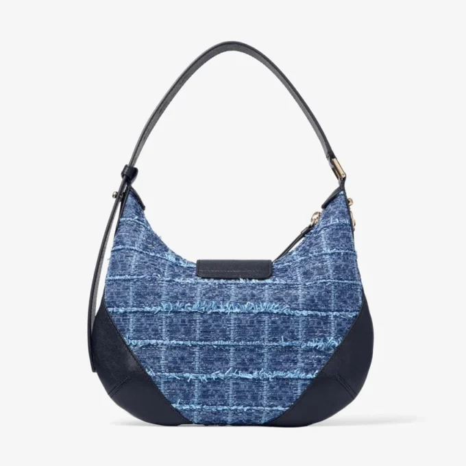 Bar Hobo Small Marine Crosshatch Denim Stoffen Schoudertas met Biker Lederen Afwerking Bar Hobo Small Marine Crosshatch Denim Stoffen Schoudertas met Biker Lederen Afwerking