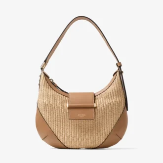 Bar Hobo Small schoudertas van naturel en toffee raffia met afwerking van glad kalfsleer