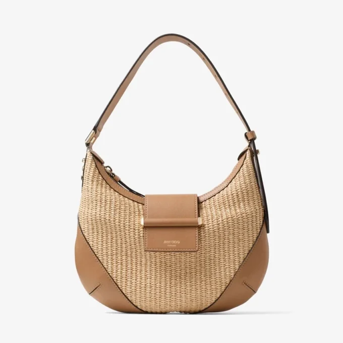Bar Hobo Small schoudertas van naturel en toffee raffia met afwerking van glad kalfsleer Bar Hobo Small schoudertas van naturel en toffee raffia met afwerking van glad kalfsleer