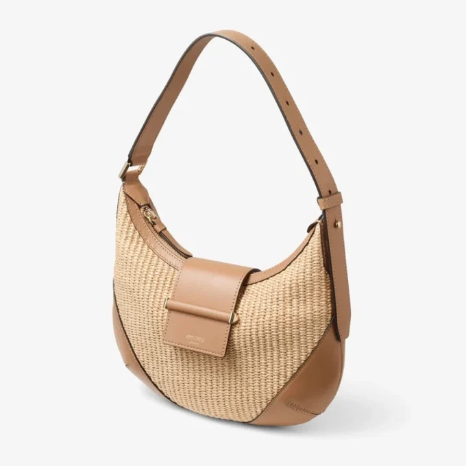 Bar Hobo Small schoudertas van naturel en toffee raffia met afwerking van glad kalfsleer Bar Hobo Small schoudertas van naturel en toffee raffia met afwerking van glad kalfsleer