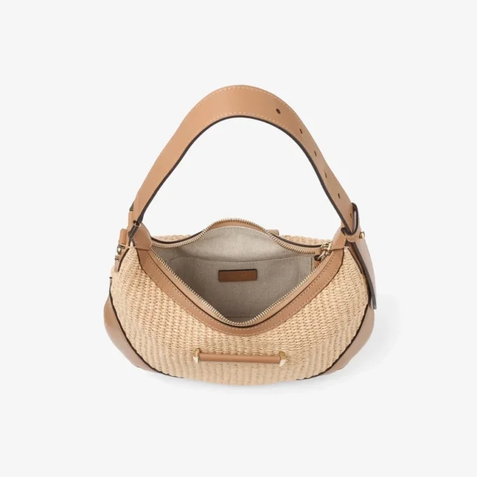Bar Hobo Small schoudertas van naturel en toffee raffia met afwerking van glad kalfsleer Bar Hobo Small schoudertas van naturel en toffee raffia met afwerking van glad kalfsleer