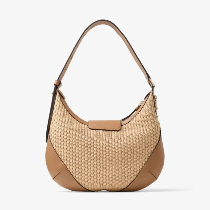 Bar Hobo Small schoudertas van naturel en toffee raffia met afwerking van glad kalfsleer Bar Hobo Small schoudertas van naturel en toffee raffia met afwerking van glad kalfsleer