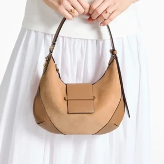 Bar Hobo Small Toffee suède schoudertas met Biker-leren afwerking