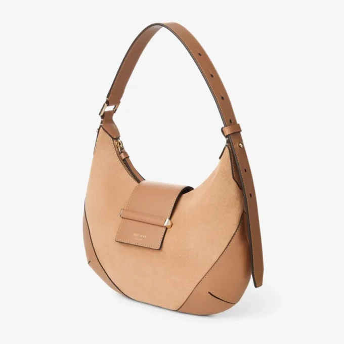 Bar Hobo Small Toffee suède schoudertas met Biker-leren afwerking Bar Hobo Small Toffee suède schoudertas met Biker-leren afwerking