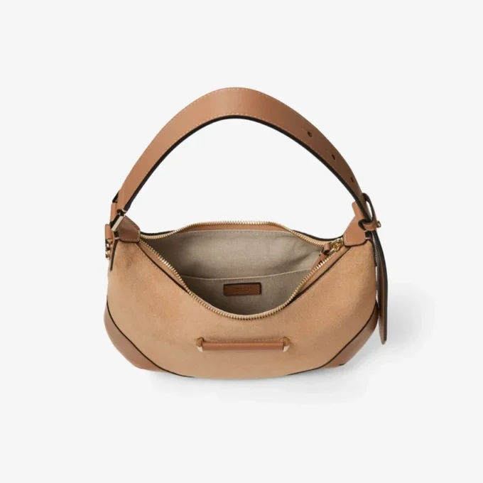 Bar Hobo Small Toffee suède schoudertas met Biker-leren afwerking Bar Hobo Small Toffee suède schoudertas met Biker-leren afwerking