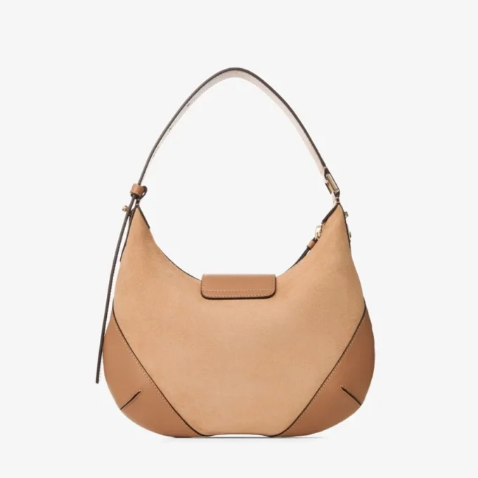 Bar Hobo Small Toffee suède schoudertas met Biker-leren afwerking Bar Hobo Small Toffee suède schoudertas met Biker-leren afwerking