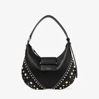 Bar Hobo Small Zwarte Biker-leren schoudertas met parelstuds