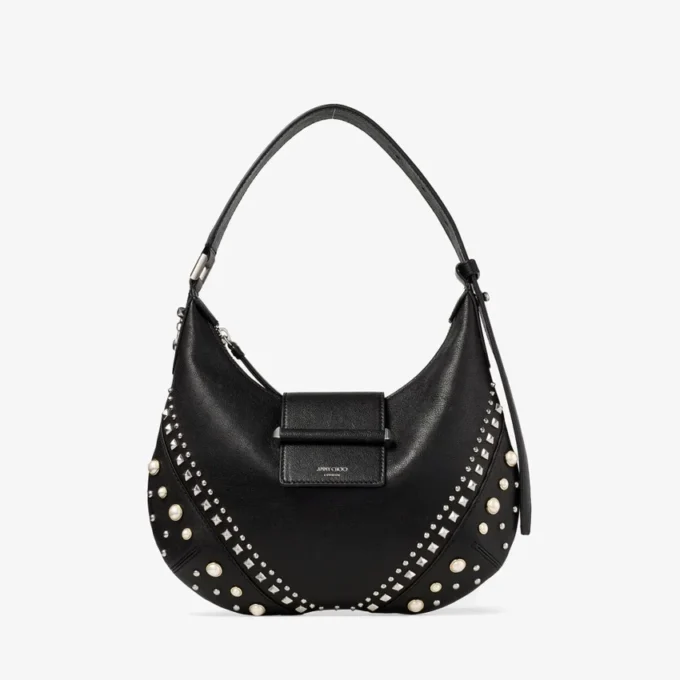 Bar Hobo Small Zwarte Biker-leren schoudertas met parelstuds Bar Hobo Small Zwarte Biker-leren schoudertas met parelstuds