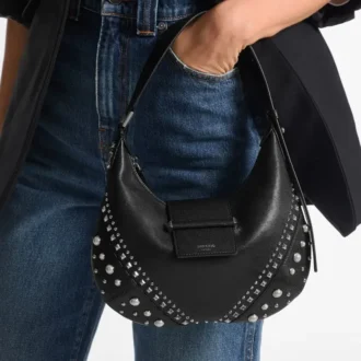 Bar Hobo Small Zwarte Biker-leren schoudertas met parelstuds