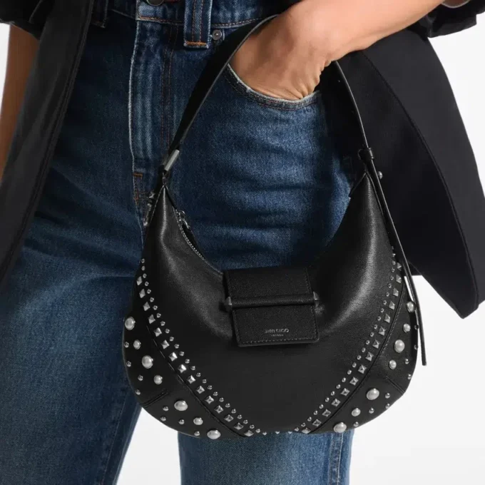 Bar Hobo Small Zwarte Biker-leren schoudertas met parelstuds Bar Hobo Small Zwarte Biker-leren schoudertas met parelstuds