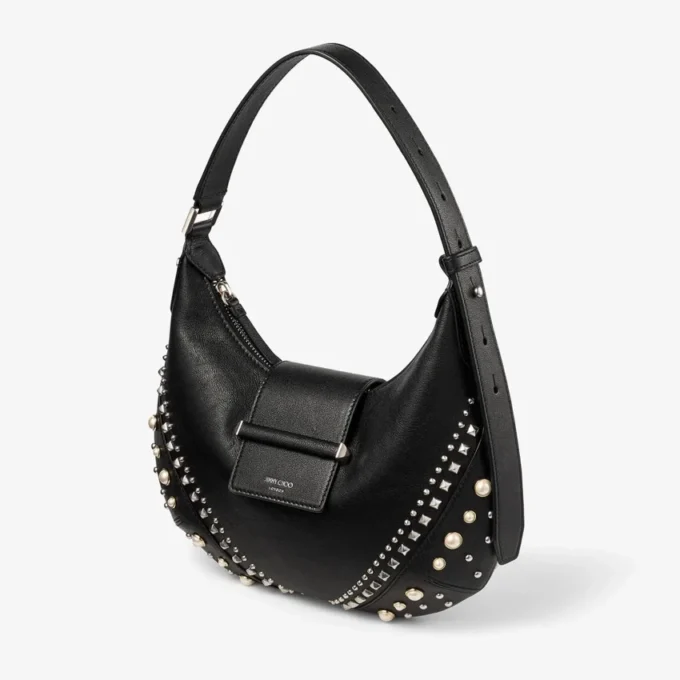 Bar Hobo Small Zwarte Biker-leren schoudertas met parelstuds Bar Hobo Small Zwarte Biker-leren schoudertas met parelstuds