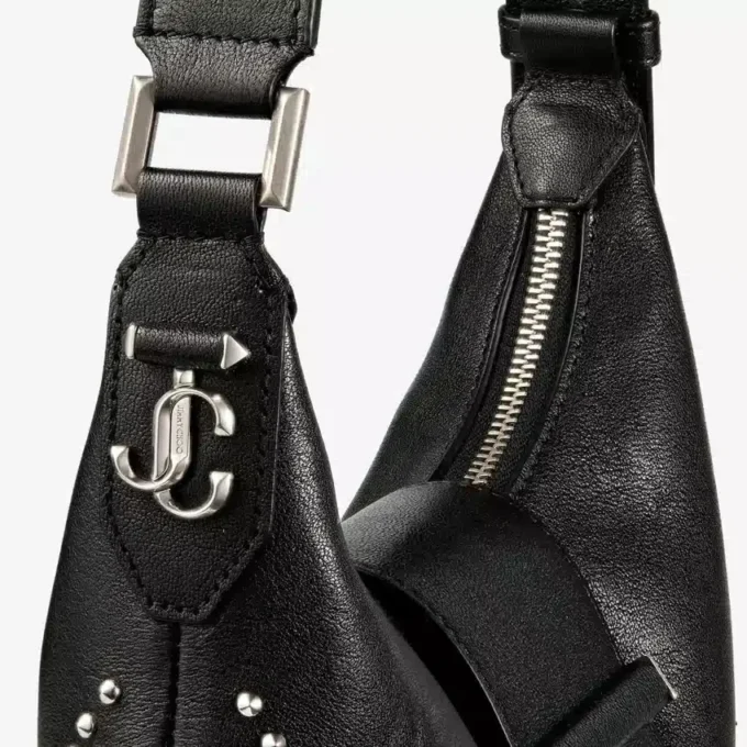 Bar Hobo Small Zwarte Biker-leren schoudertas met parelstuds Bar Hobo Small Zwarte Biker-leren schoudertas met parelstuds