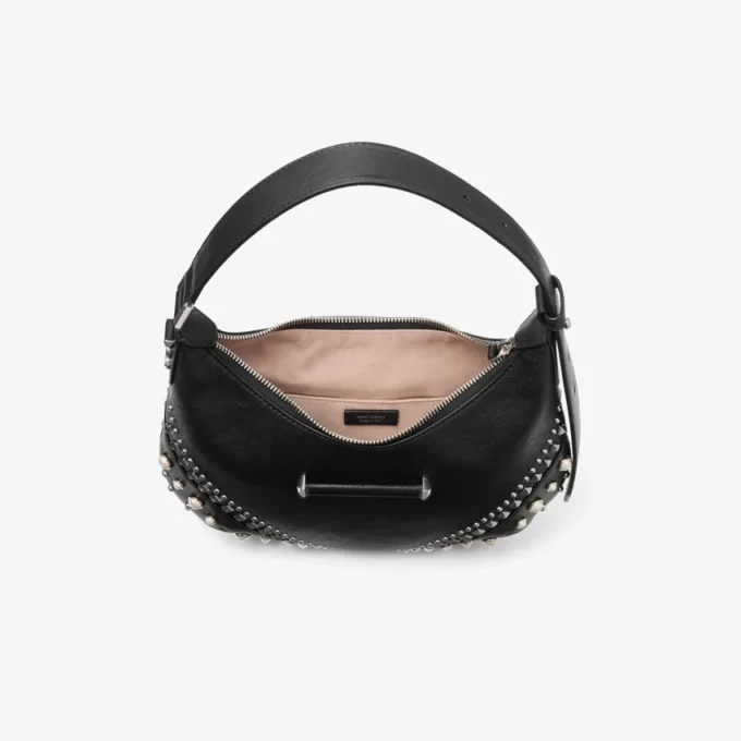 Bar Hobo Small Zwarte Biker-leren schoudertas met parelstuds Bar Hobo Small Zwarte Biker-leren schoudertas met parelstuds