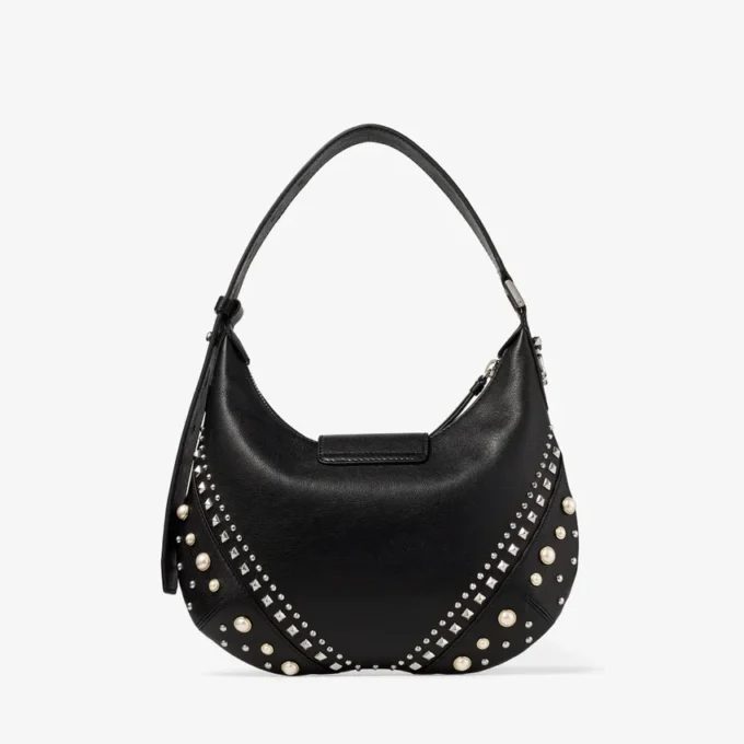 Bar Hobo Small Zwarte Biker-leren schoudertas met parelstuds Bar Hobo Small Zwarte Biker-leren schoudertas met parelstuds