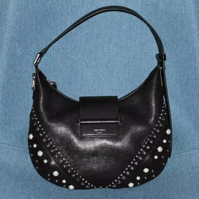 Bar Hobo Small Zwarte Biker-leren schoudertas met parelstuds Bar Hobo Small Zwarte Biker-leren schoudertas met parelstuds