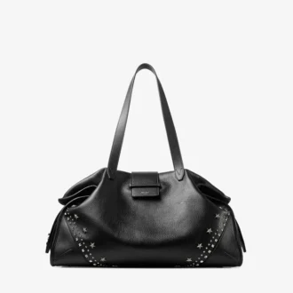 Bar Holdall Large Zwarte totebag van zacht generfd kalfsleer met gestructureerde sterren