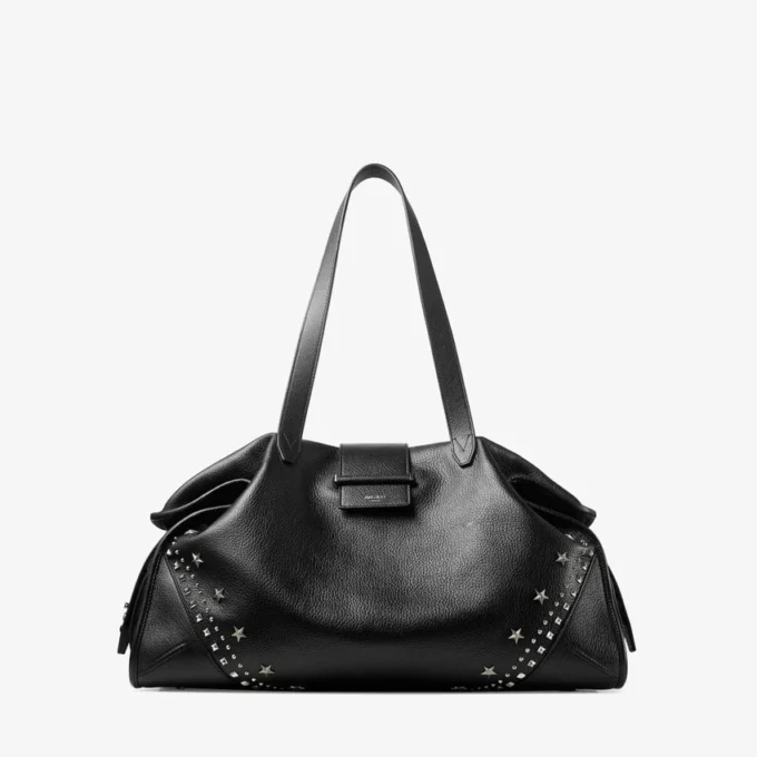 Bar Holdall Large Zwarte totebag van zacht generfd kalfsleer met gestructureerde sterren