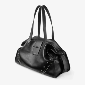 Bar Holdall Large Zwarte totebag van zacht generfd kalfsleer met gestructureerde sterren