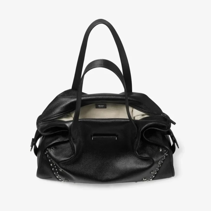 Bar Holdall Large Zwarte totebag van zacht generfd kalfsleer met gestructureerde sterren