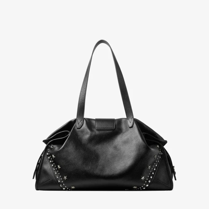 Bar Holdall Large Zwarte totebag van zacht generfd kalfsleer met gestructureerde sterren