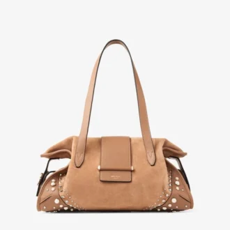 Bar Holdall Medium Toffee suède reistas met Biker-leren afwerking en parelstuds Bar Holdall Medium Toffee suède reistas met Biker-leren afwerking en parelstuds