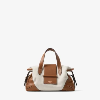 Bar Holdall Small: naturel en tan gerecyclede canvas reistas met biker-leren afwerking