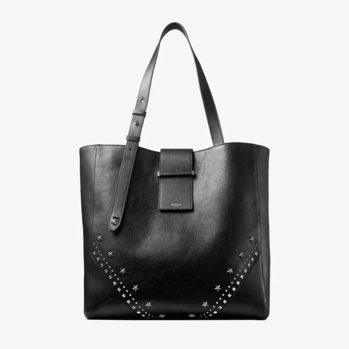 Bar Vertical Tote Medium Zwarte tas van zacht generfd kalfsleer met gestructureerde sterren