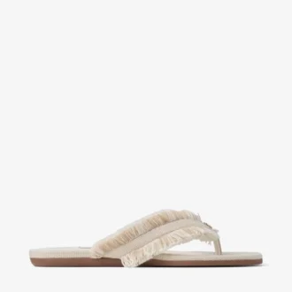 Bay Flat Amandelkleurige platte sandalen van gerafeld canvas met vlekjes