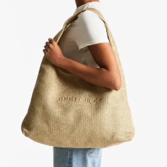 Beach Diamond Hobo Large schoudertas van goudkleurig en donker cappuccino metallic raffia