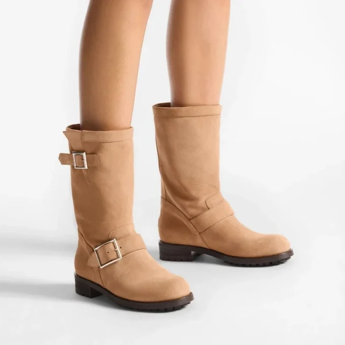 Biker Mid Toffee fluweel suède enkellaarsjes