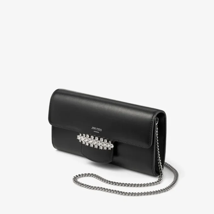 Bing Wallet Chain Zwarte Leren Mini-schoudertas met Kristallen Detail Bing Wallet Chain Zwarte Leren Mini-schoudertas met Kristallen Detail