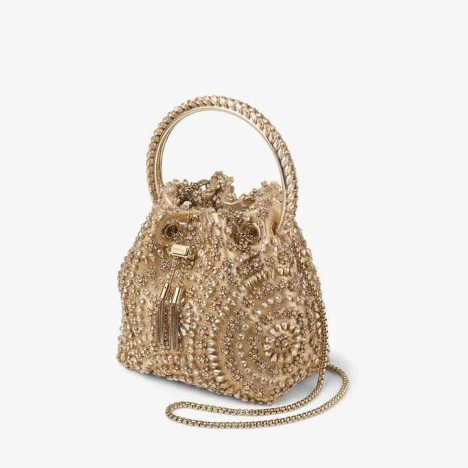 Bon Bon gouden metallic nappa handtas met kristallen borduursel Bon Bon gouden metallic nappa handtas met kristallen borduursel