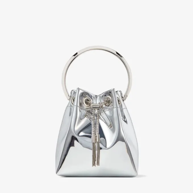 Bon Bon mini-tas van zilverkleurige spiegelstof met metalen handvat Bon Bon mini-tas van zilverkleurige spiegelstof met metalen handvat