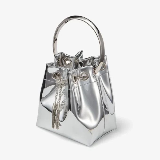 Bon Bon mini-tas van zilverkleurige spiegelstof met metalen handvat Bon Bon mini-tas van zilverkleurige spiegelstof met metalen handvat