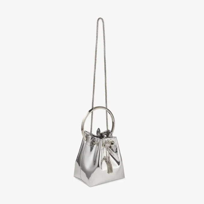 Bon Bon mini-tas van zilverkleurige spiegelstof met metalen handvat Bon Bon mini-tas van zilverkleurige spiegelstof met metalen handvat