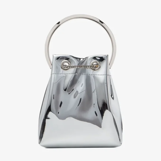 Bon Bon mini-tas van zilverkleurige spiegelstof met metalen handvat Bon Bon mini-tas van zilverkleurige spiegelstof met metalen handvat