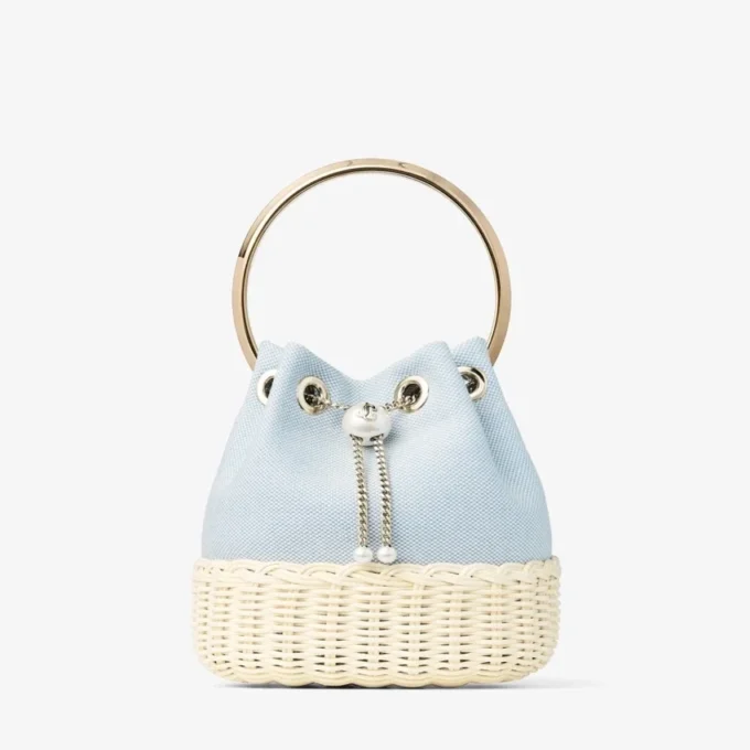 Bon Bon Riviera Blue Mix gespikkeld canvas en rieten bucket bag Bon Bon Riviera Blue Mix gespikkeld canvas en rieten bucket bag