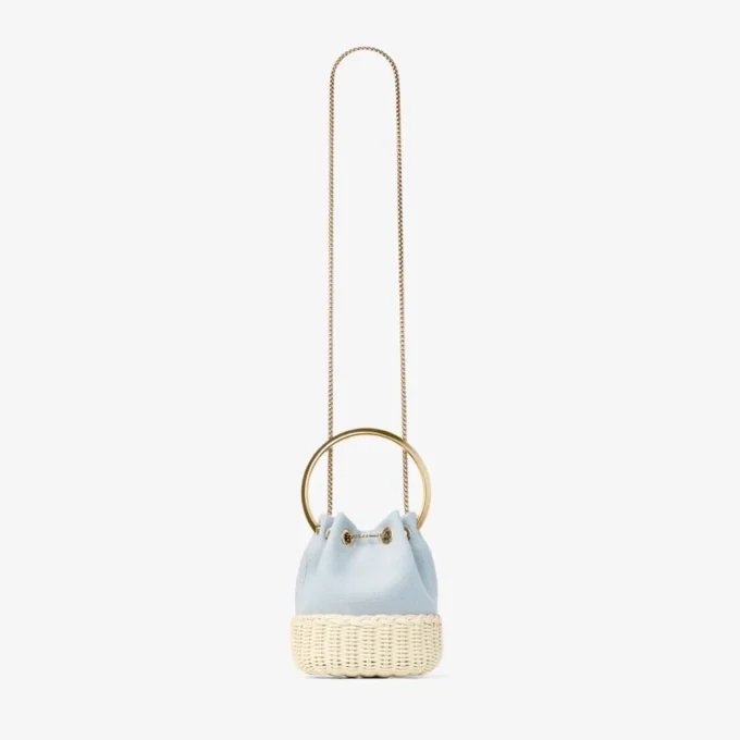 Bon Bon Riviera Blue Mix gespikkeld canvas en rieten bucket bag Bon Bon Riviera Blue Mix gespikkeld canvas en rieten bucket bag