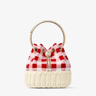 Bon Bon Ruby Red Gingham katoenen stof en rieten bucket bag