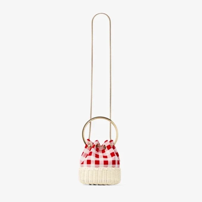 Bon Bon Ruby Red Gingham katoenen stof en rieten bucket bag Bon Bon Ruby Red Gingham katoenen stof en rieten bucket bag