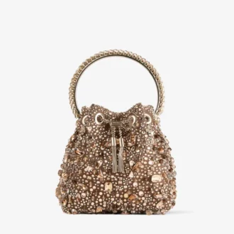 Bon Bon Tan metallic kristallen mesh handtas met kristallen handvat